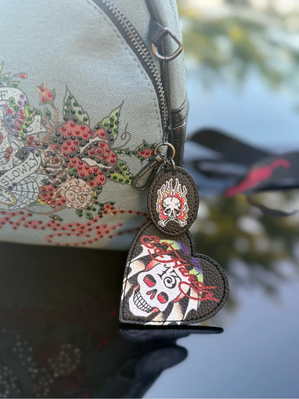 Ed Hardy Light Gray/blue denim Backpack with Embellished Skull & Rose Design